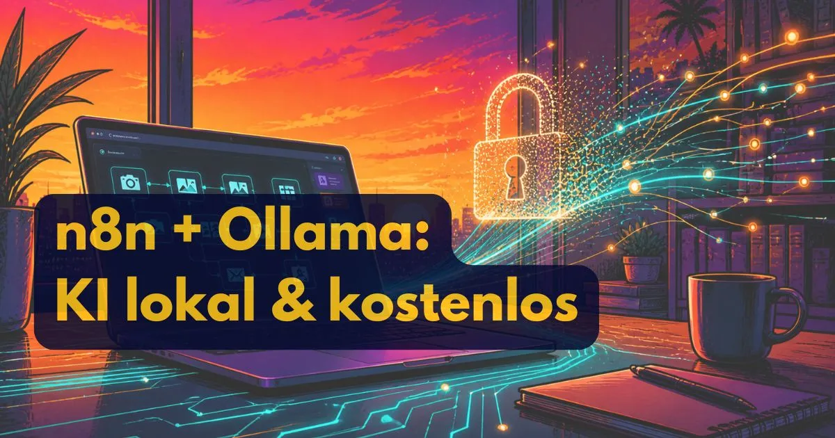 N8n + Ollama: KI lokal & kostenlos. Ein Laptop und eine Kaffeetasse stehen auf einem Schreibtisch mit digitalen Grafiken eines Schlosses und Schaltkreisen.