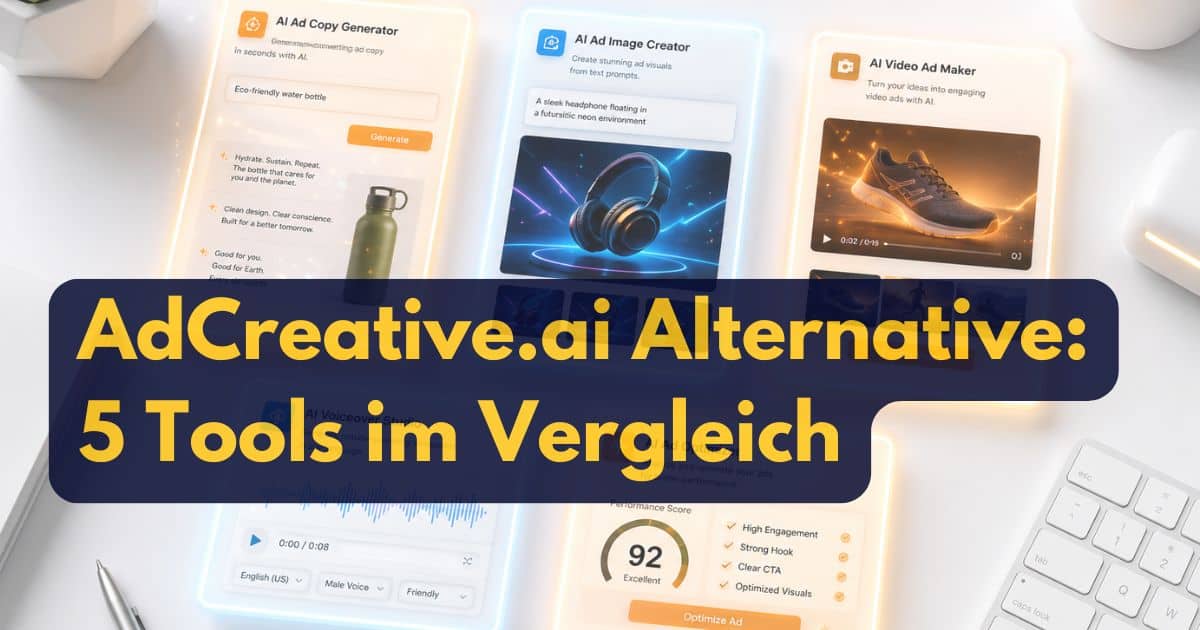 AdCreative.ai Alternative: 5 Tools im Vergleich über eine Collage von AI-Anzeigenerstellungstools (Text, Bild, Video, Voiceover und Optimierung).
