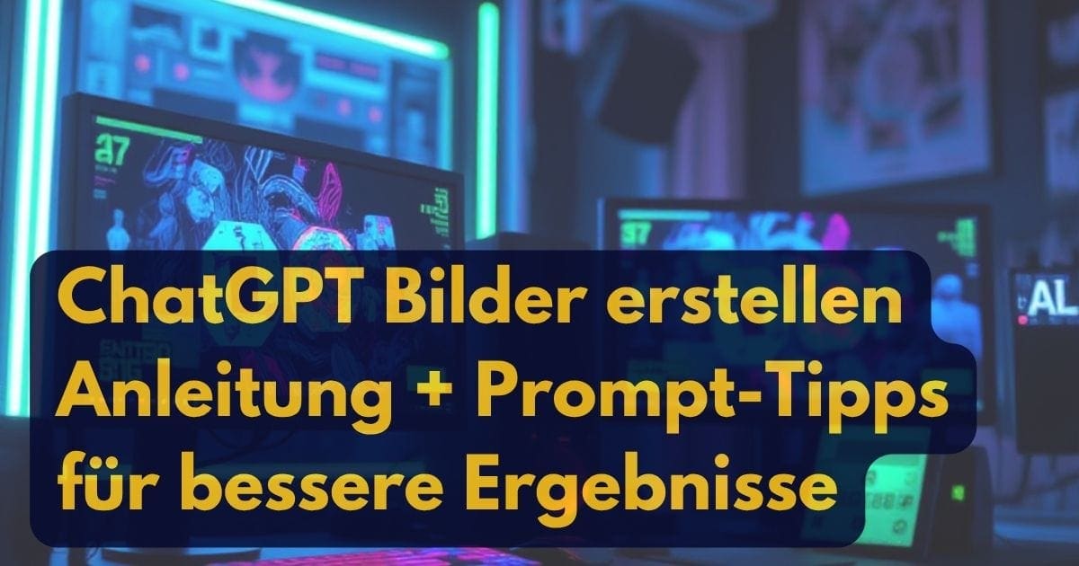Futuristische Spieleinrichtung mit Neonlicht und Monitoren im Hintergrund. Der fettgedruckte gelbe Text lautet: ChatGPT Bilder erstellen - Anleitung + Prompt-Tipps für bessere Ergebnisse (Anleitung zum Erstellen von Bildern mit ChatGPT + Prompt-Tipps).