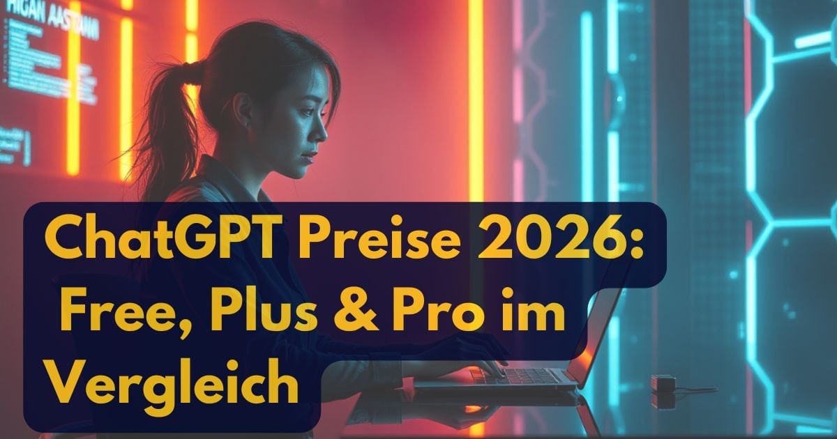 Frau arbeitet an einem Laptop in einer neonbeleuchteten futuristischen Umgebung. Der Text lautet: ChatGPT Preise 2026: Free, Plus & Pro im Vergleich (ChatGPT Preise 2026: Free, Plus & Pro im Vergleich).