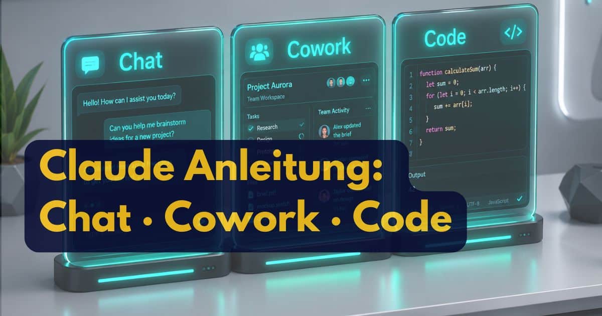 Drei futuristische, transparente Bildschirme, die Chat, Cowork und Code anzeigen. Textüberlagerungen Claude Anleitung: Chat - Cowork - Code.