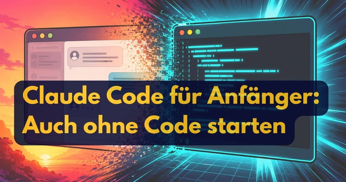 Claude Code für Einsteiger: Starten Sie auch ohne Code. Zwei abstrakte Bildschirme, von denen der eine ein Chat-Interface und der andere Code zeigt, überlagern sich vor einem bunten, dynamischen Hintergrund.