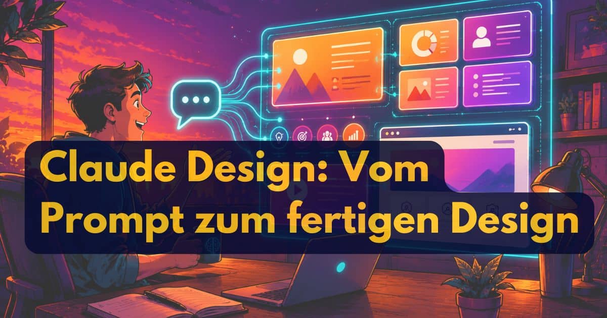 Illustrierte Person an einem Schreibtisch, die eine Chat-Eingabeaufforderung sendet, die leuchtende UI-Designs auf einem großen Bildschirm erzeugt. Der Text lautet: Claude Design: Vom Prompt zum fertigen Design (From Prompt to Finished Design).
