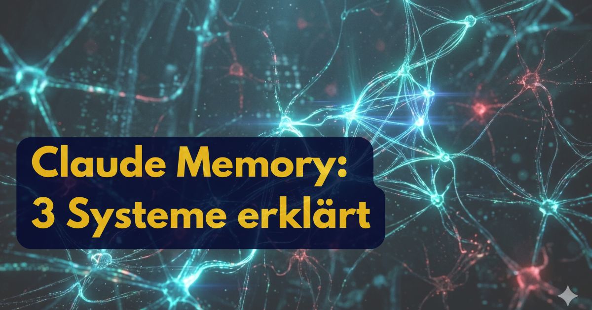 Blauer Hintergrund mit leuchtenden neuronalen Netzen. Text überlagert: Claude Memory: 3 Systeme erklärt.