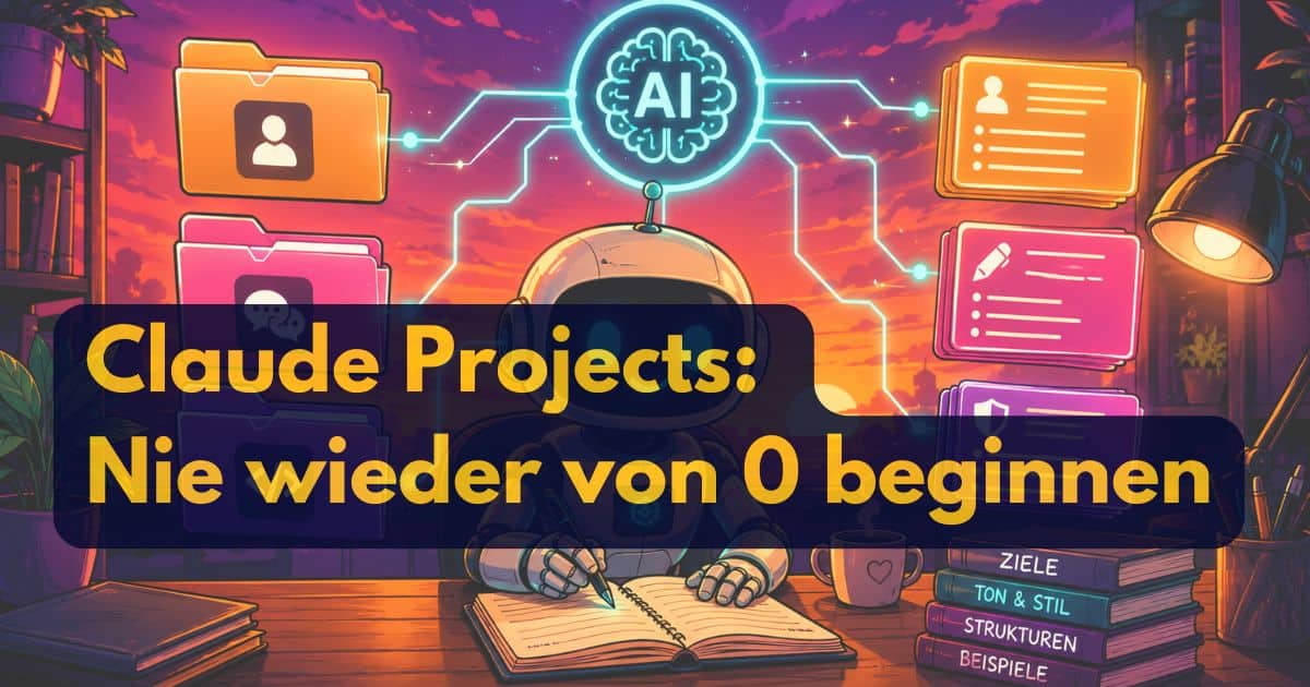 Ein Roboter sitzt an einem Schreibtisch und schreibt in ein Notizbuch mit dem Text Claude Projects: Nie wieder von 0 beginnen eingeblendet. Im Hintergrund sind AI-Symbole und Ordner zu sehen.