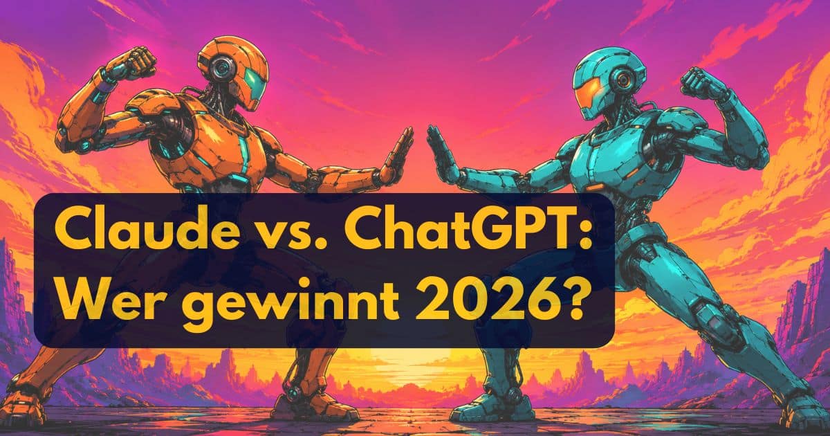 Illustration von zwei Robotern, einem orangen und einem blauen, in Kampfstellung. Text überlagert: Claude vs. ChatGPT: Wer gewinnt 2026?.