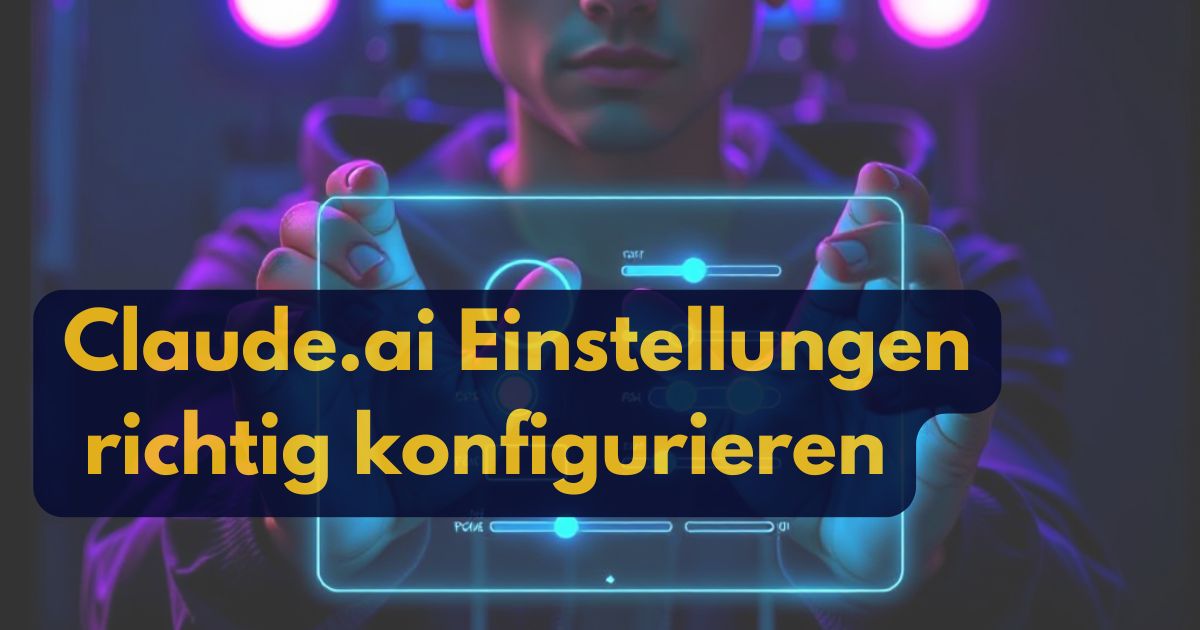 Eine Person interagiert mit einem futuristischen Tablet, das Claude.ai Einstellungen richtig konfigurieren in gelber Schrift auf dunkelblauem Hintergrund anzeigt.