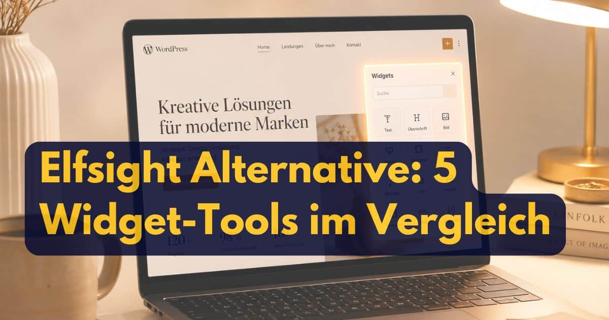 Laptop, auf dem eine WordPress-Seite mit dem Text Elfsight Alternative: 5 Widget-Tools im Vergleich eingeblendet ist.