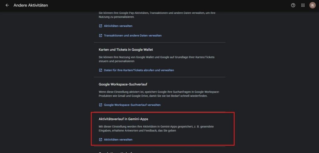 Screenshot der Aktivitätseinstellungen des Google-Kontos auf Deutsch, mit Hervorhebung des Abschnitts "Aktivitätsverlauf in Gemini-Apps", der das Speichern von Aktivitäten in Gemini-Apps und die Verwaltung dieser über die Gemini-Einstellungen umfasst.