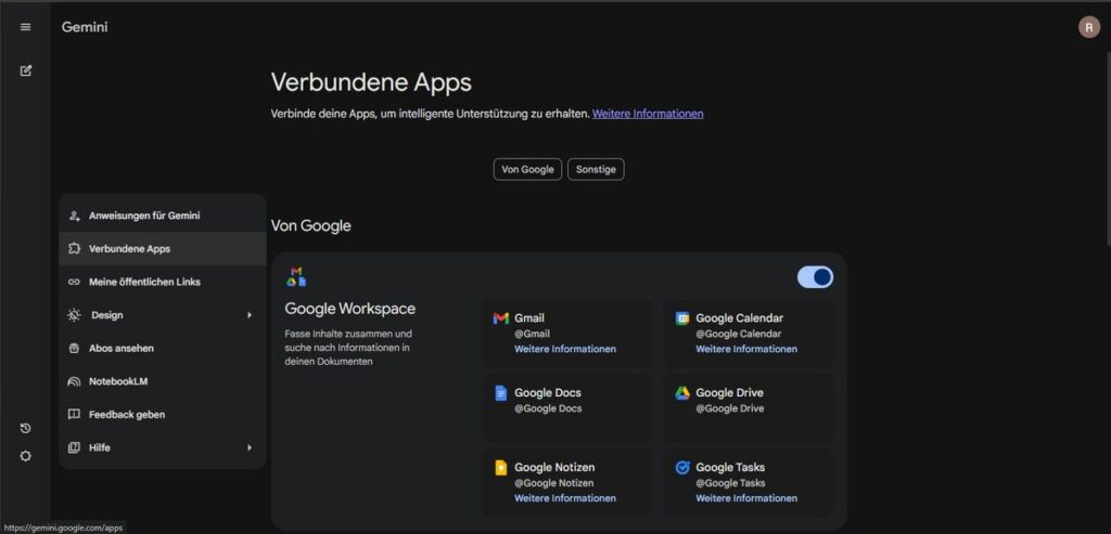 Screenshot der Benutzeroberfläche von Gemini Einstellungen auf Deutsch. Er zeigt die Seite Verbundene Apps mit Google Workspace-Apps wie Gmail, Kalender, Docs, Drive und Aufgaben auf einem dunklen Hintergrund.