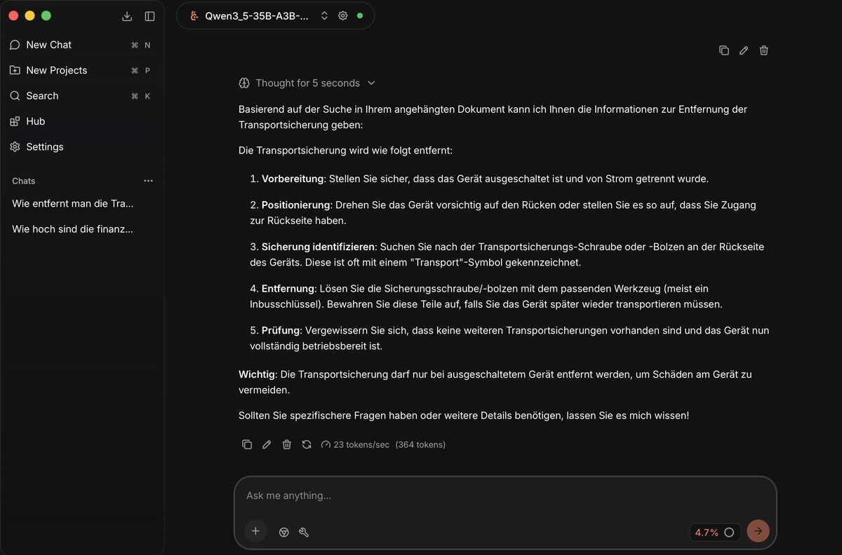 Jan AI: PDF-Datei im Chat hochladen und Fragen lokal beantworten lassen