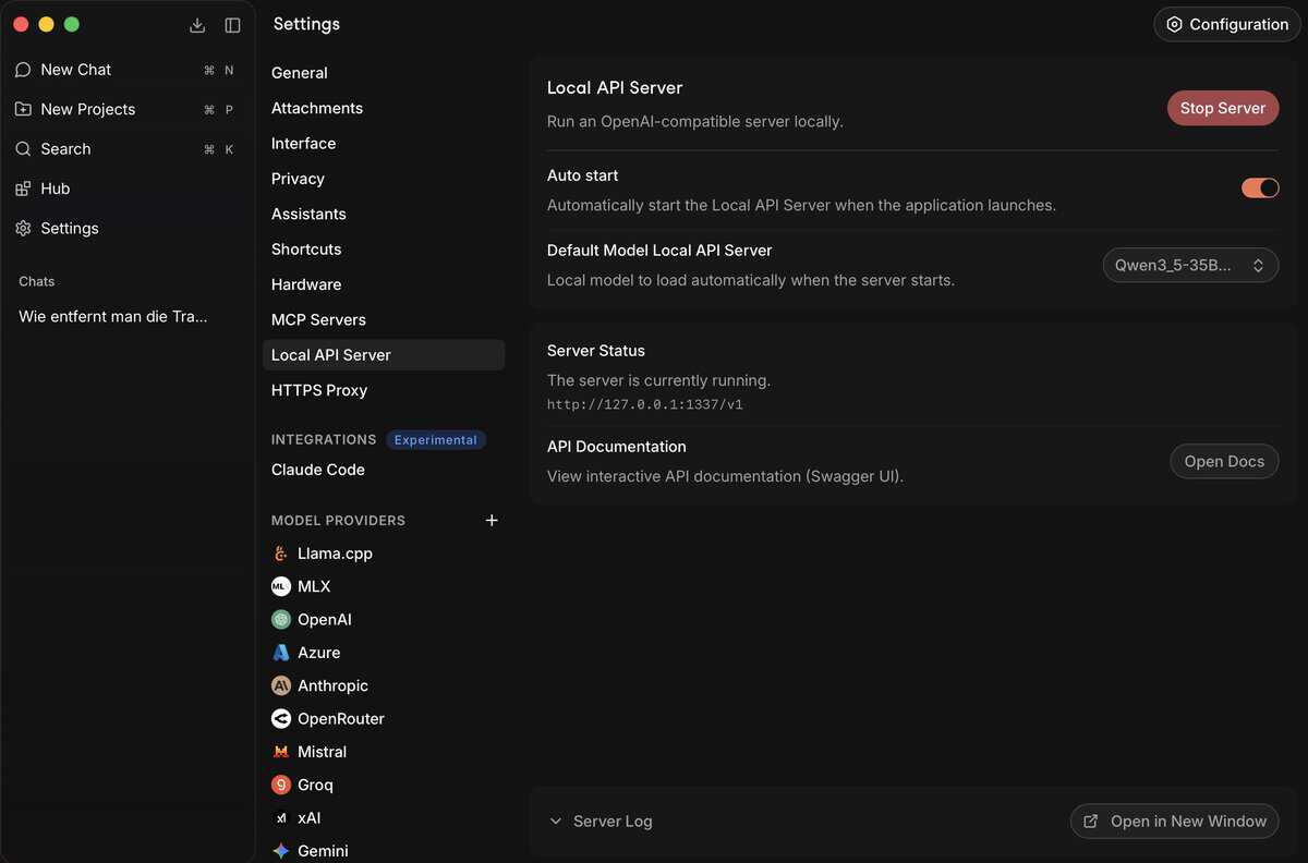 Jan AI Einstellungen: Lokalen API-Server aktivieren, Port 1337