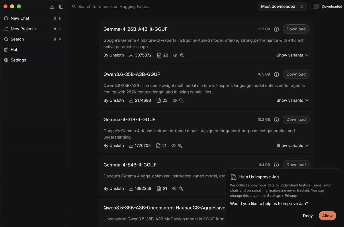 Jan AI Model Hub: Verfügbare Modelle mit Größenangaben und Download-Button