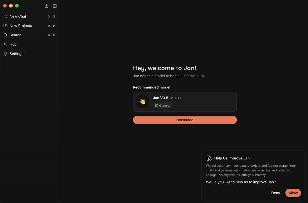 Jan AI Startbildschirm: Sidebar mit Conversations, aktiver Chat und Modell-Auswahlmenü