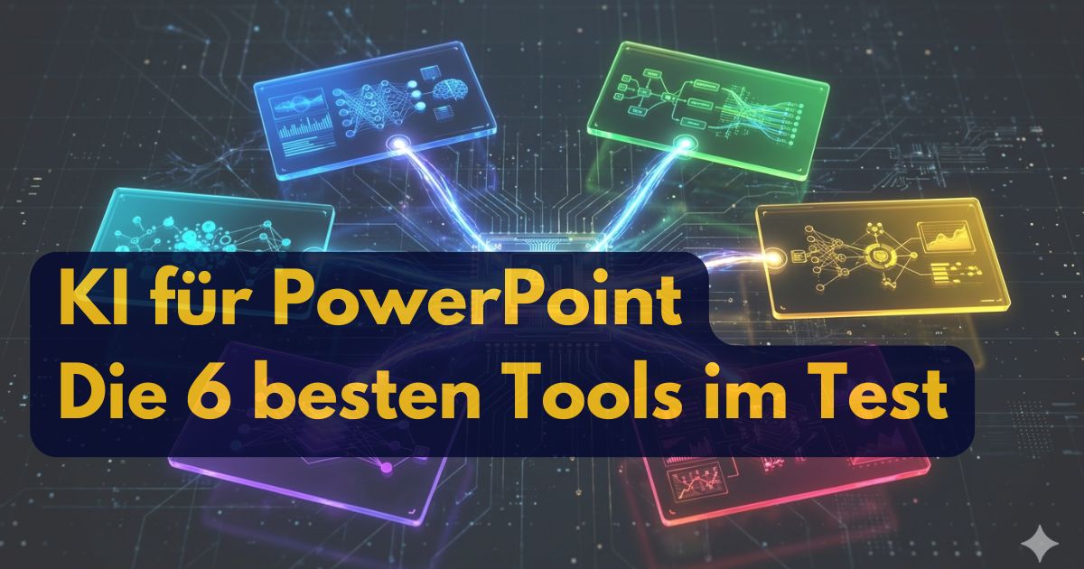 KI für PowerPoint: Die 6 besten Tools im Test. Abstrakte Kunst mit futuristischen KI-Displays.
