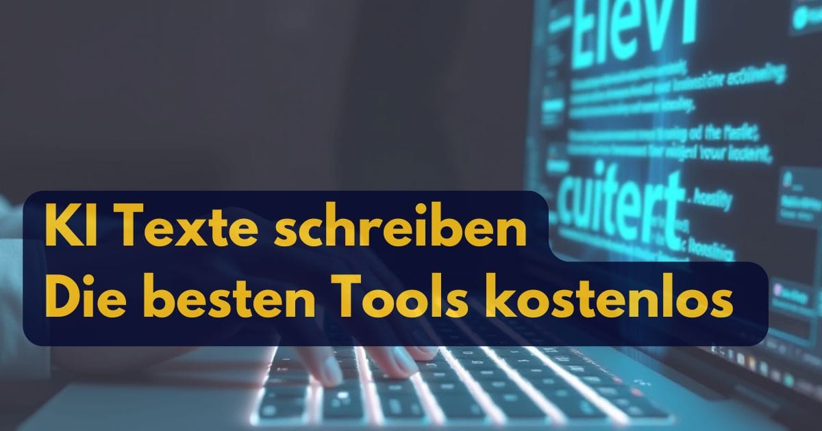 KI Texte schreiben: Die besten Tools kostenlos. Eine Hand tippt auf einem Laptop mit leuchtenden Tasten, vor einem Hintergrund aus digitalem Text.