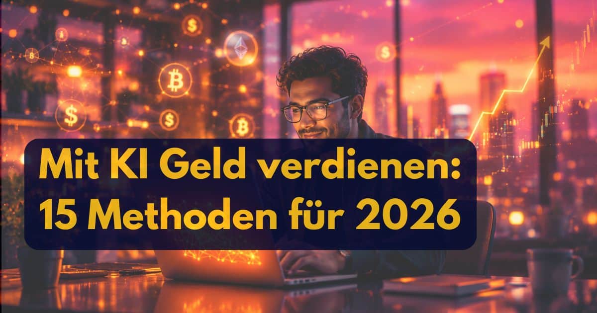 Mann mit Brille schaut auf Laptop, mit Bitcoin, Ethereum und Dollar-Symbolen. Der Text lautet Mit KI Geld verdienen: 15 Methoden für 2026.