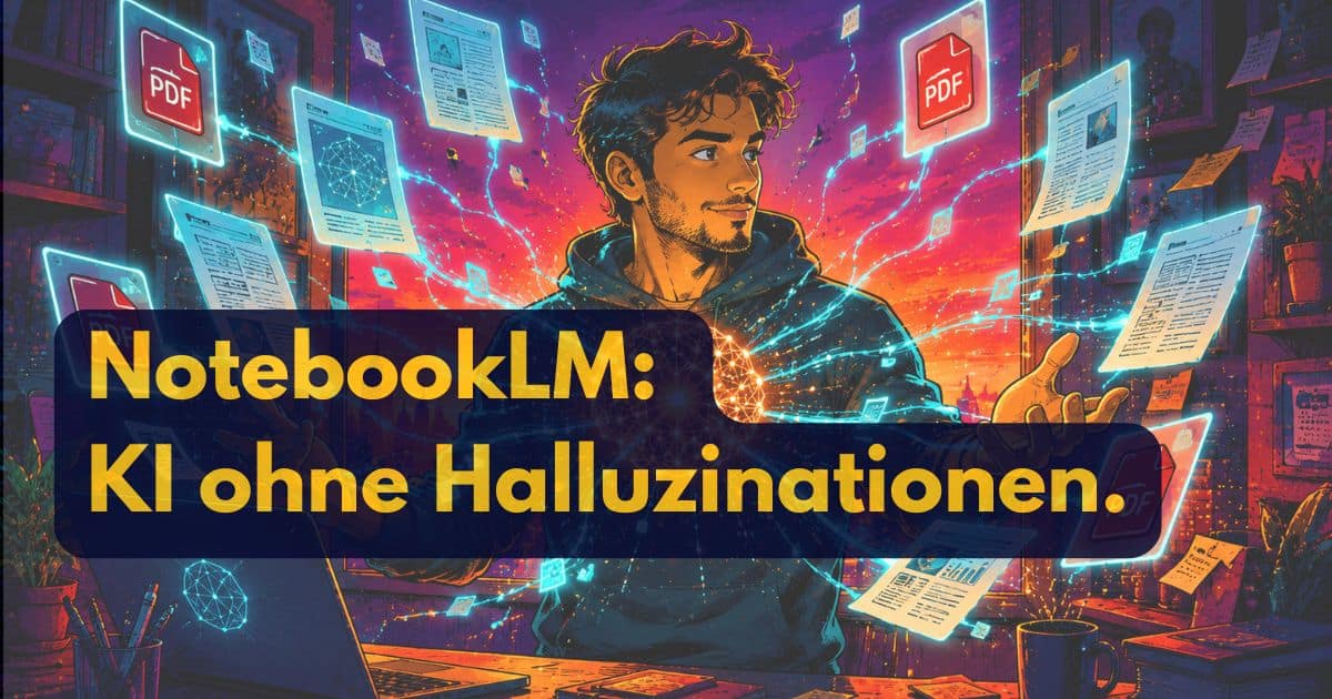 Ein Mann in einem Kapuzenpulli ist von leuchtenden digitalen Papieren und PDF-Symbolen umgeben. Der Text lautet NotebookLM: KI ohne Halluzinationen.