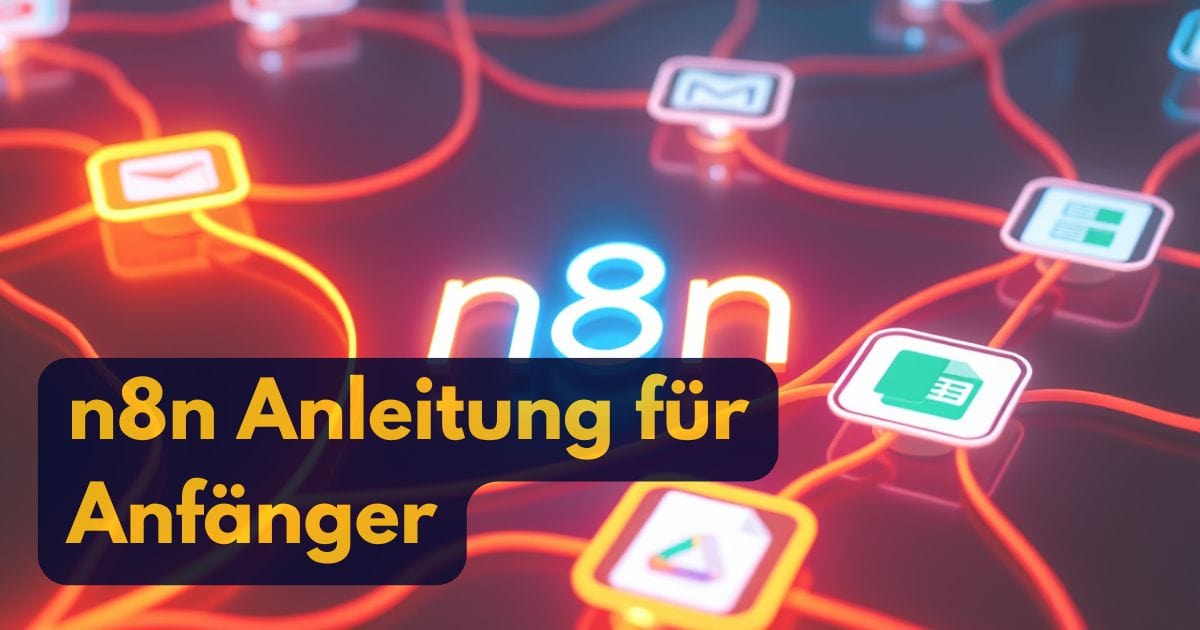 Leuchtendes n8n-Logo, umgeben von App-Symbolen und verbundenen Linien, mit fettem gelben deutschen Text: n8n Schritt-für-Schritt Anleitung für Anfänger auf dunklem Hintergrund.