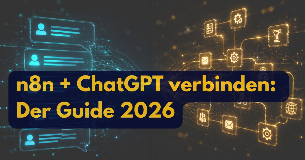 N8n + ChatGPT verbinden: Der Guide 2026 Text auf dunklem Hintergrund mit abstrakten digitalen Verbindungen und Symbolen.