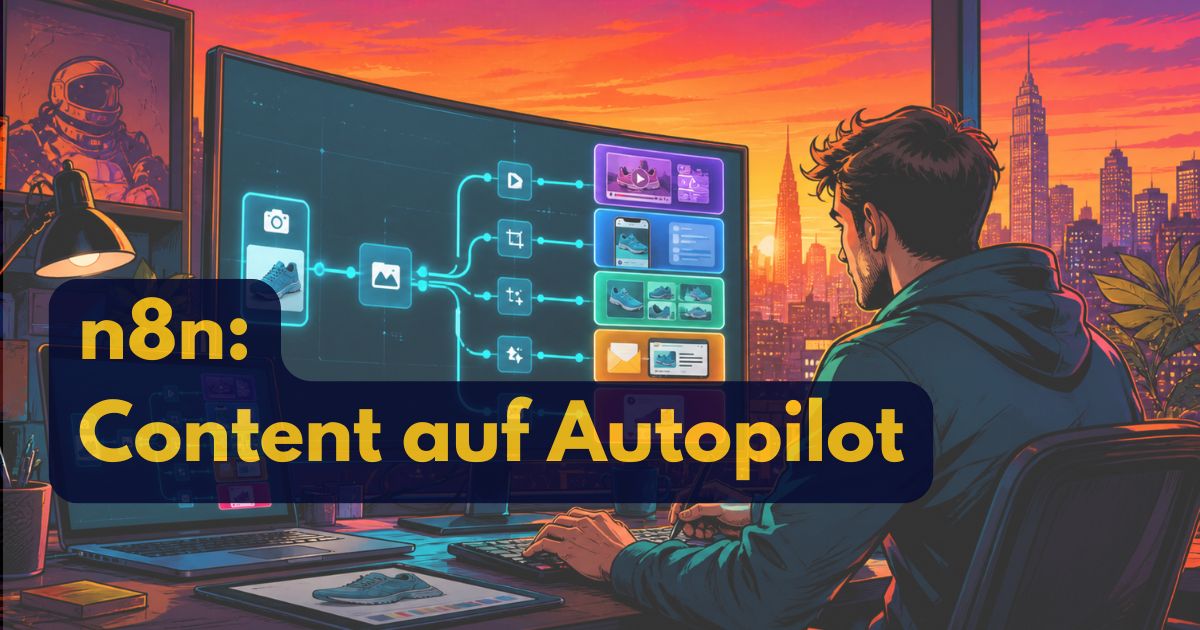 Ein Mann arbeitet an seinem Computer, auf dem Bildschirm ist ein Workflow-Diagramm zu sehen, das die Erstellung von Inhalten für Schuhe zeigt, und der Text n8n: Content auf Autopilot überlagert das Bild.