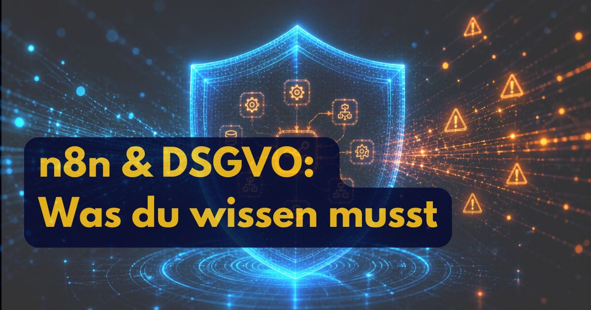 N8n & DSGVO: Was Sie wissen müssen. Digitales Schild mit Icons, Warnsymbolen und leuchtenden Netzwerklinien.