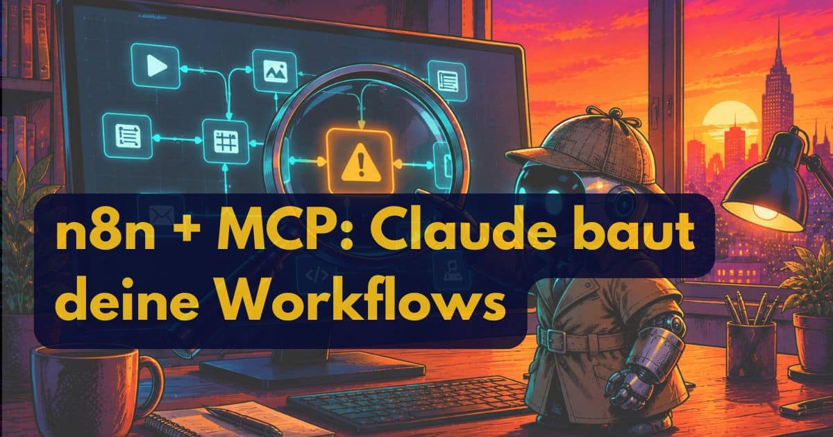 Ein Roboterdetektiv in Trenchcoat und Hut sitzt an einem Schreibtisch mit einem Computerbildschirm, auf dem ein Arbeitsablaufdiagramm angezeigt wird. Der Text lautet n8n + MCP: Claude baut deine Workflows.