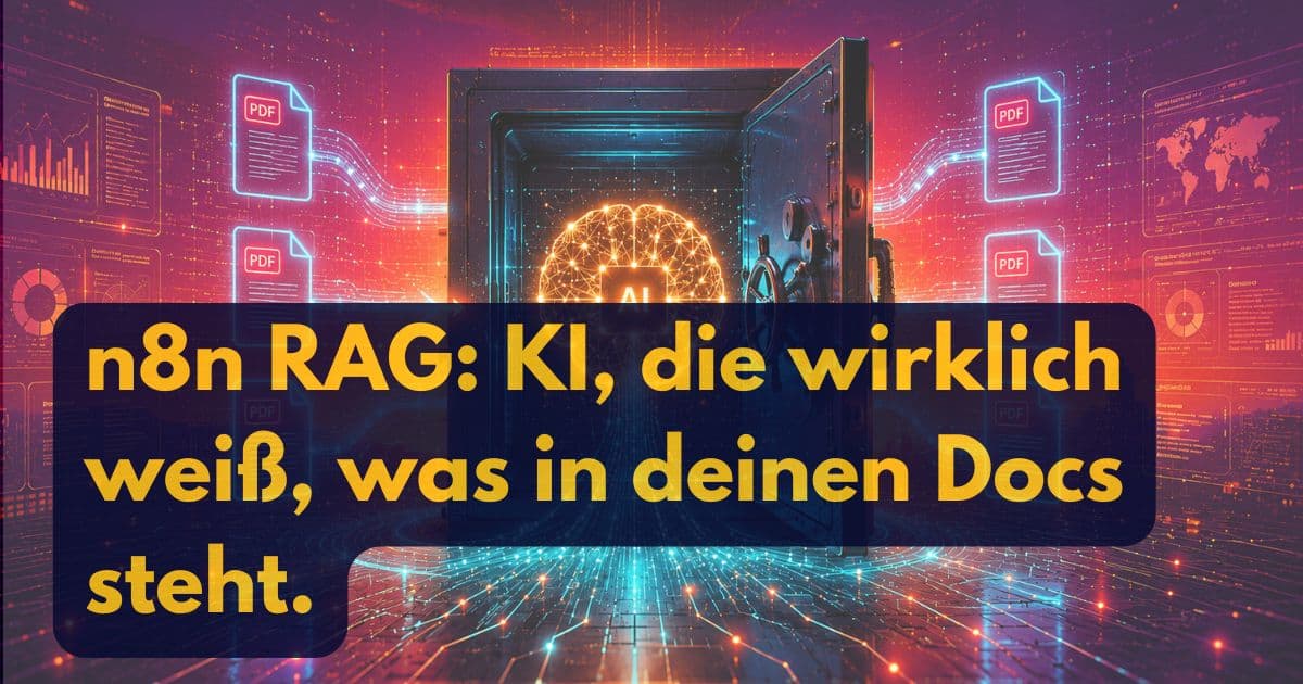 Ein geöffneter Safe enthüllt ein leuchtendes Gehirn. Text lautet: n8n RAG: KI, die wirklich weiß, was in deinen Docs steht.