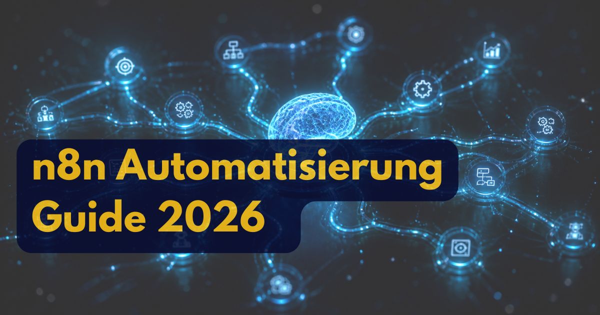 N8n Automatisierung Guide 2026 - Futuristische digitale Gehirn- und Netzwerkgrafik mit Automatisierungssymbolen.